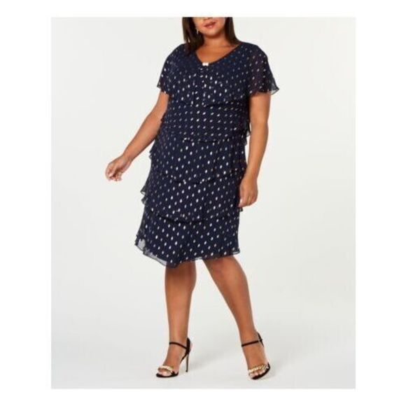 SLNY Women's Sz 16W Navy Gold Printed Flutter Knee Length Shift Party Dress $129 - Picture 11 of 13